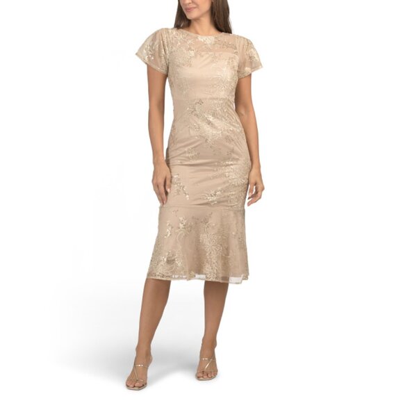 JS COLLECTIONS Gold/beige Lia Mermaid Fit Midi Dress - Picture 1 of 2